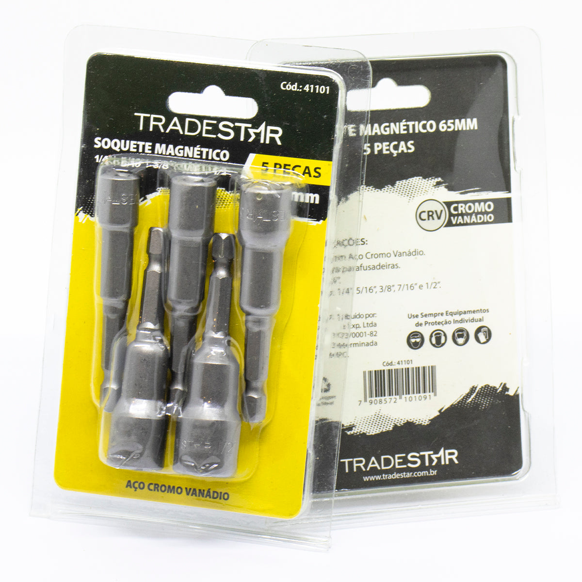 Jogo de Bits Soquetes Canhão Magnético 5 peças Cromo Vanádio Tradestar, ideal para parafusadeiras, com encaixe de 1/4, medidas 1/4, 5/16, 3/8, 7/16 e 1/2, fabricado em aço cromo vanádio, alta durabilidade e resistência. Ferramenta para reparos e manutenção.