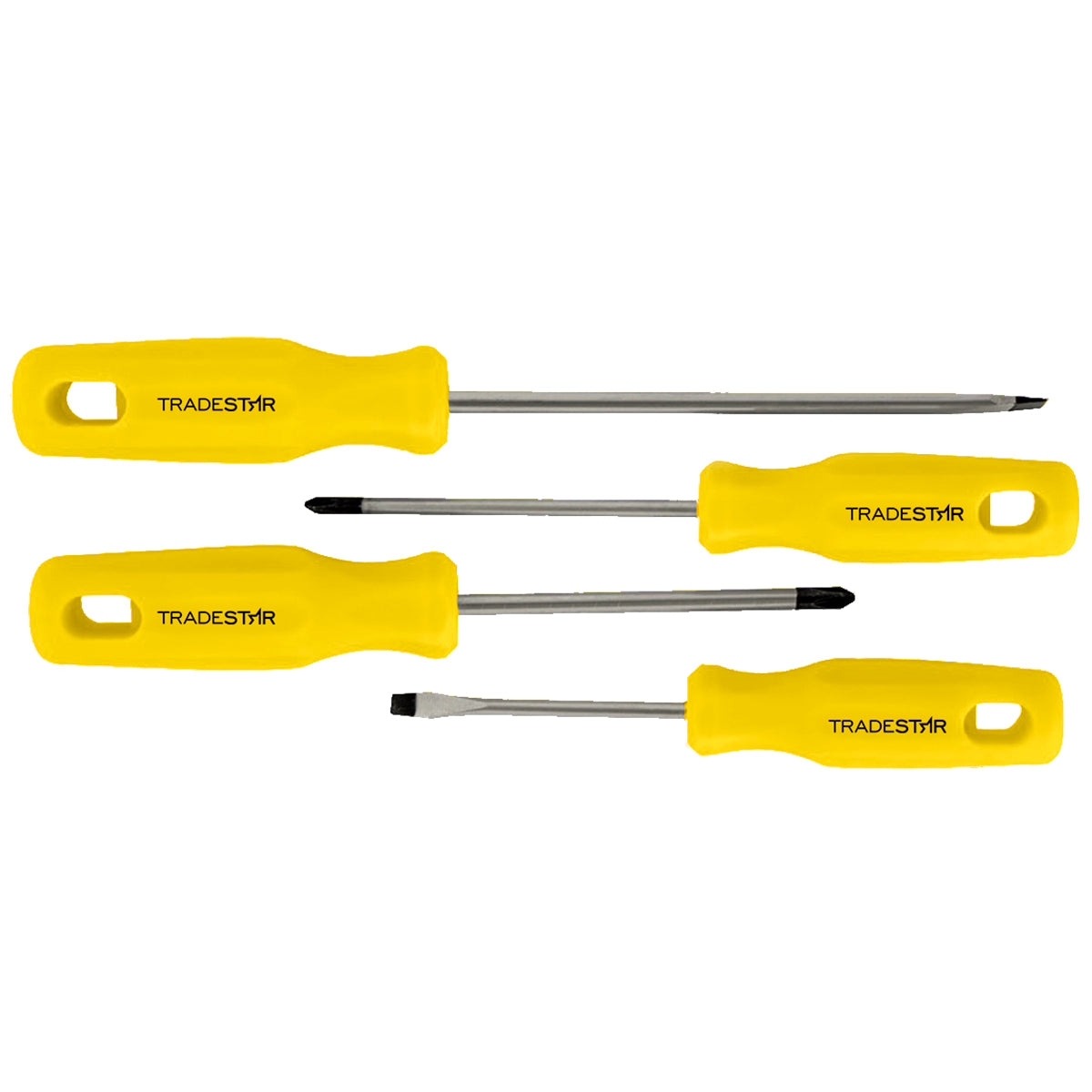 Jogo de Chaves Fenda e Philips 4 peças Tradestar em Aço Cromo Vanádio, com cabos ergonômicos amarelos. Kit com 2 chaves de fenda e 2 chaves Phillips, ideal para apertar e desapertar parafusos. Ferramenta manual essencial para profissionais e entusiastas.