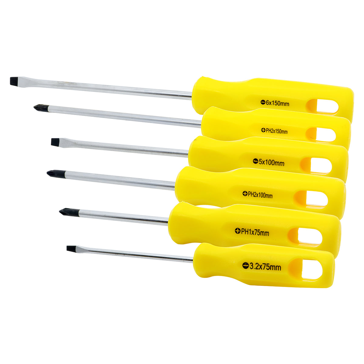 Jogo de Chave de Fenda/Phillips Tradestar com 6 peças, ideal para reparos e manutenção. Kit com chaves de fenda e phillips de aço cromo vanádio, incluindo medidas PH1x75mm, PH2x100mm, PH2x150mm, 3.2x75mm, 5x100mm e 6x150mm. Ferramentas essenciais para sua caixa de ferramentas.