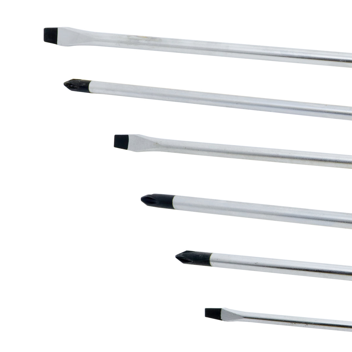 Jogo de Chave de Fenda / Phillips Tradestar com 6 peças, mostrando detalhes das chaves de fenda e phillips em aço cromo vanádio. Ideal para reparos e manutenção, kit com diversas medidas para parafusos.