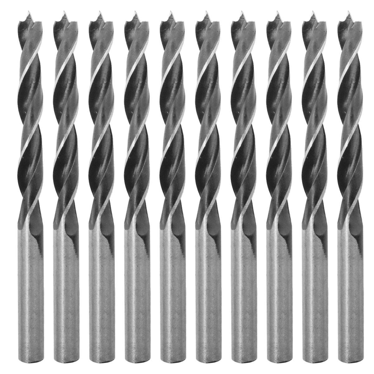Brocas para madeira Tradestar 8x100mm de aço carbono com 3 pontas, conjunto com 50 unidades. Ferramenta ideal para perfurações precisas em madeira, com design helicoidal para remoção eficiente de resíduos e pontas afiadas para facilitar o corte. Ideal para carpinteiros, mecânicos e hobbistas.