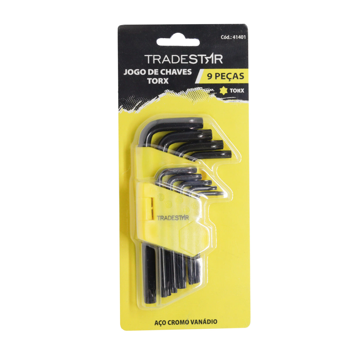 Jogo de chaves Torx Tradestar com 9 peças, fabricadas em aço cromo vanádio, com tamanhos T10 a T50 e suporte chaveiro. Ideal para uso automotivo, eletrônico, montagem de móveis e projetos DIY.