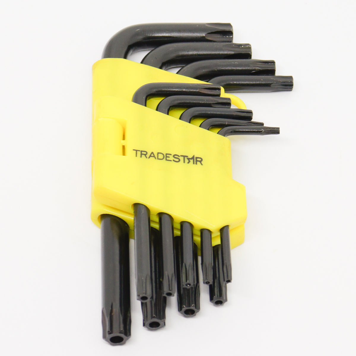 Jogo de chaves Torx Tradestar com 9 peças, tamanhos T10 a T50, em aço cromo vanádio, com suporte chaveiro. Ideal para uso automotivo, eletrônica, informática e projetos DIY. Chaves L com acabamento preto fosfatizado para proteção contra corrosão.
