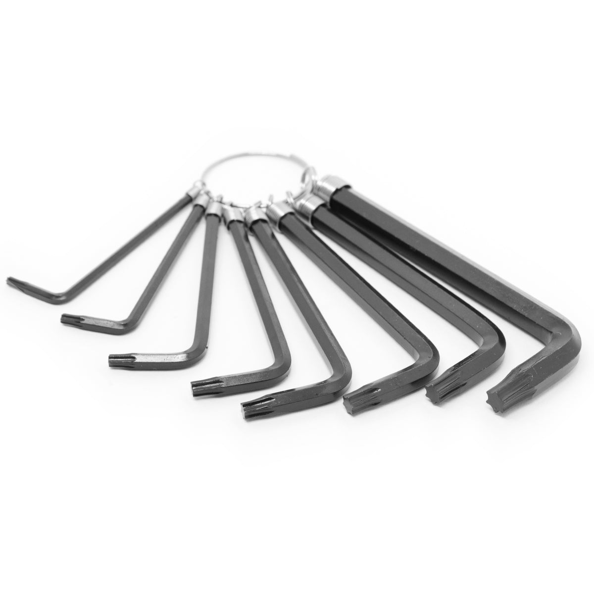 Jogo de Chave Torx Tipo L Tradestar com 8 peças em aço carbono, ideal para parafusos com encaixe estrela. Ferramenta para manutenção automotiva, eletrônicos, eletrodomésticos e marcenaria. Conjunto de chaves Torx resistentes e duráveis para uso profissional e doméstico.
