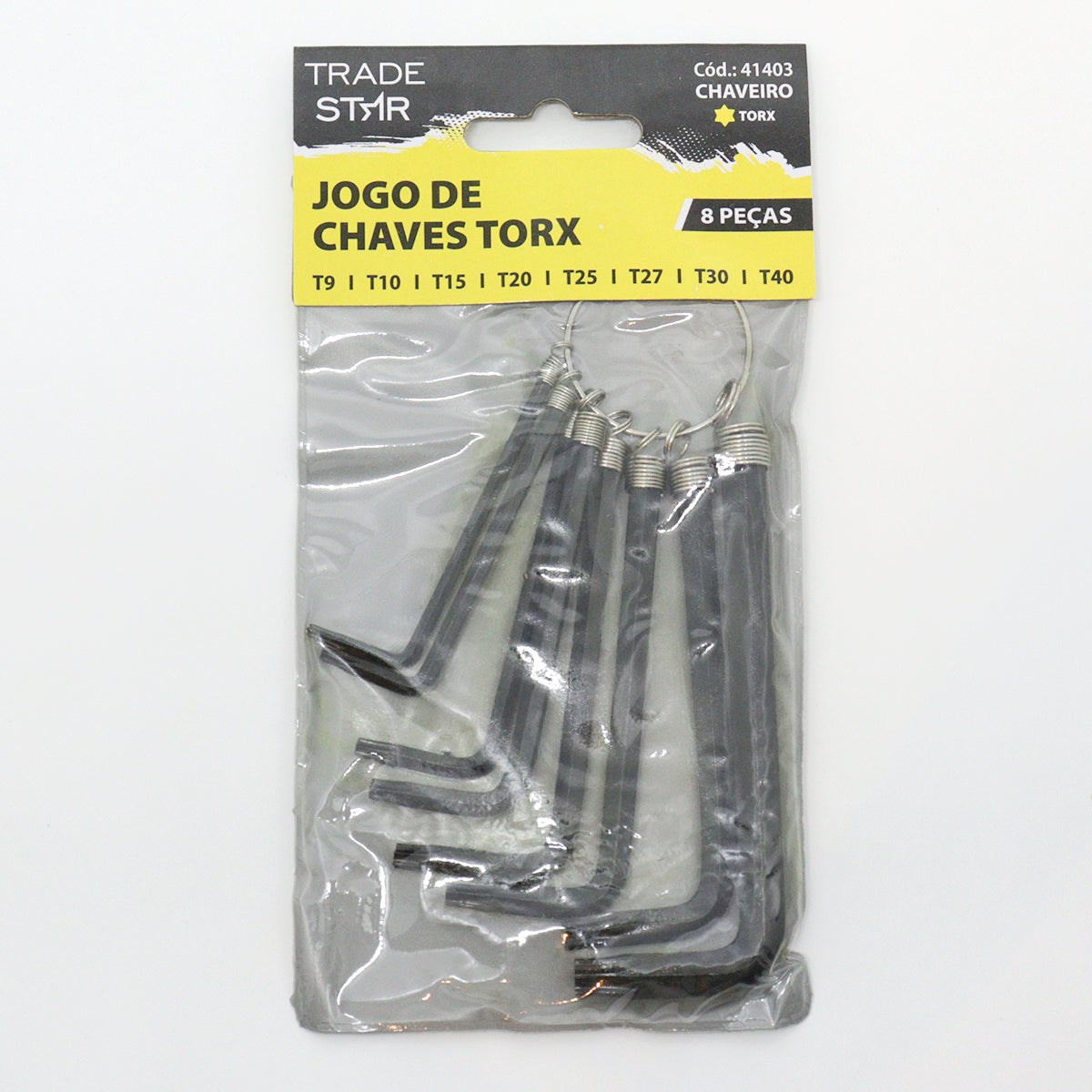 Jogo de Chave Torx Tipo L Aço Carbono 8 Peças Tradestar - Conjunto de chaves em formato de L, ideal para parafusos com encaixe Torx (estrela). Inclui tamanhos T9 a T40, perfeito para manutenção automotiva, eletrônicos, eletrodomésticos e marcenaria. Ferramenta de aço carbono resistente e durável, ideal para profissionais e entusiastas.