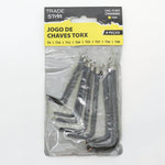 Jogo de Chave Torx Tipo L Aço Carbono 8 Peças Tradestar - Conjunto de chaves em formato de L, ideal para parafusos com encaixe Torx (estrela). Inclui tamanhos T9 a T40, perfeito para manutenção automotiva, eletrônicos, eletrodomésticos e marcenaria. Ferramenta de aço carbono resistente e durável, ideal para profissionais e entusiastas.