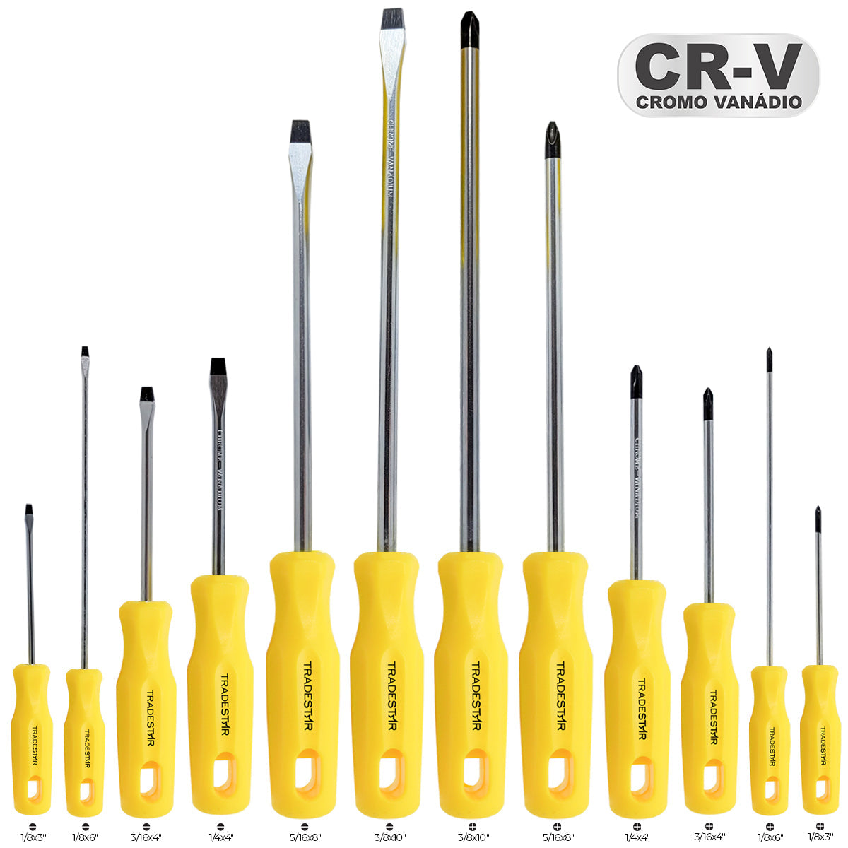 Kit Jogo de Chave de Fenda Phillips Tradestar com 12 peças, incluindo modelos fenda e phillips de diversos tamanhos, com cabos ergonômicos amarelos e pontas magnetizadas. Ferramentas de aço cromo vanádio, ideal para uso profissional e doméstico.