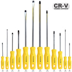 Kit Jogo de Chave de Fenda Phillips Tradestar com 12 peças, incluindo modelos fenda e phillips de diversos tamanhos, com cabos ergonômicos amarelos e pontas magnetizadas. Ferramentas de aço cromo vanádio, ideal para uso profissional e doméstico.