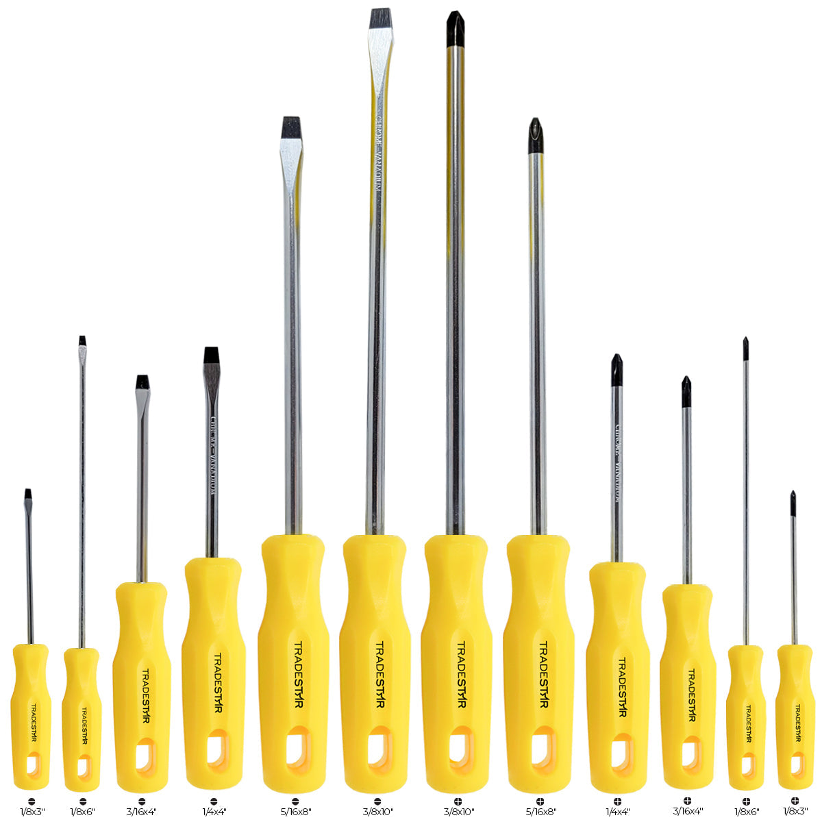 Kit Jogo de Chave de Fenda Phillips Tradestar com 12 peças magnéticas, incluindo modelos fenda e phillips de diversos tamanhos, com cabos ergonômicos amarelos e hastes de aço cromo vanádio. Ideal para uso profissional e doméstico em manutenção e reparos.