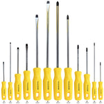 Kit Jogo de Chave de Fenda Phillips Tradestar com 12 peças magnéticas, incluindo modelos fenda e phillips de diversos tamanhos, com cabos ergonômicos amarelos e hastes de aço cromo vanádio. Ideal para uso profissional e doméstico em manutenção e reparos.