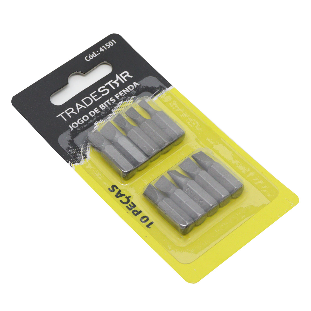 Jogo de Bits Ponta Tipo Fenda Tradestar com 10 peças em aço, ideal para parafusadeiras e chaves manuais. Kit completo para mecânicos, eletricistas e uso DIY. Ferramenta de alta resistência para montagem e manutenção.