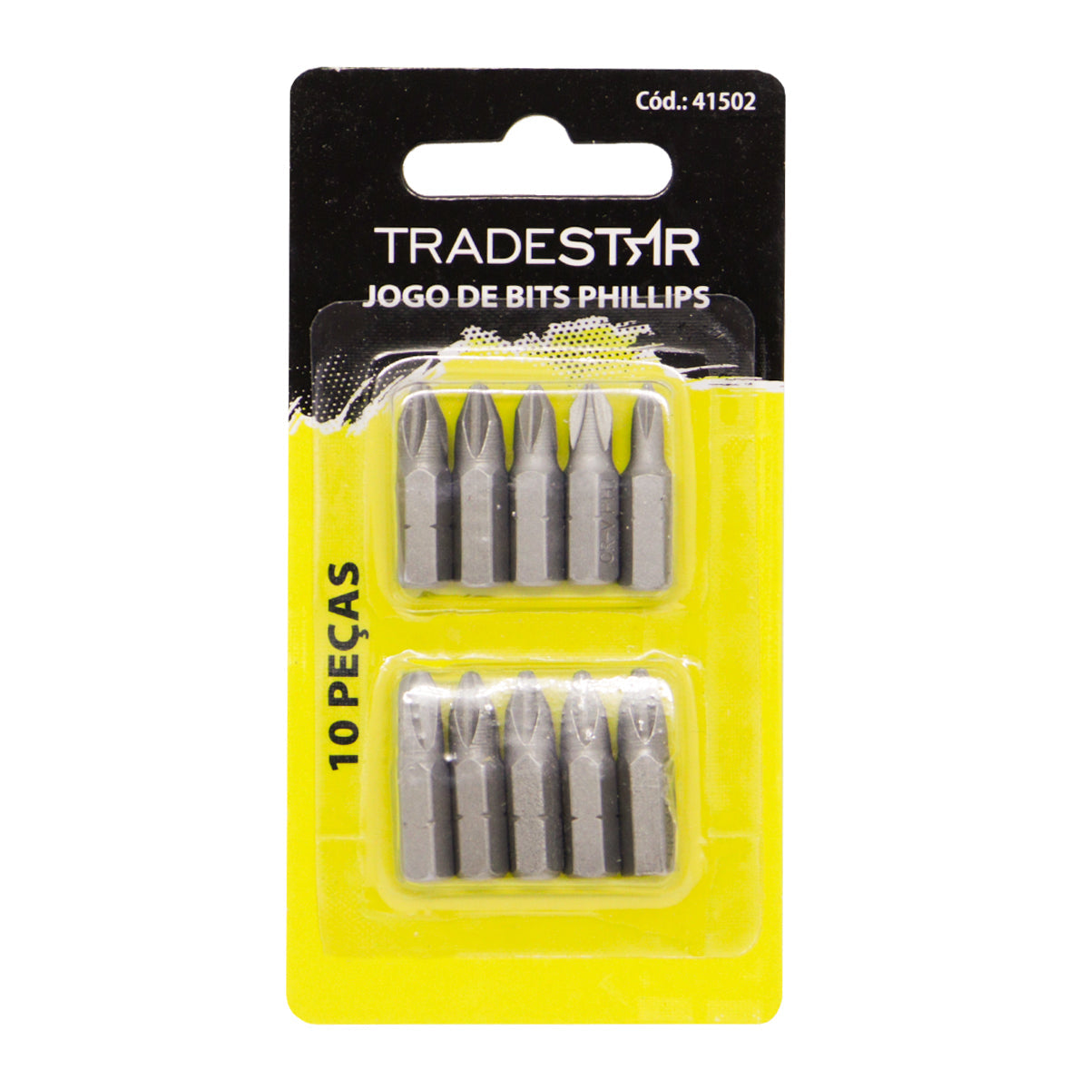 Jogo de Bits Mini Ponteira 1/4 Philips Aço Carbono Tradestar com 10 peças, ideal para parafusadeiras e chaves manuais. Kit com bits PH00, PH01, PH02 e PH03 para diversas aplicações em eletrônicos, móveis e equipamentos.