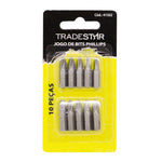 Jogo de Bits Mini Ponteira 1/4 Philips Aço Carbono Tradestar com 10 peças, ideal para parafusadeiras e chaves manuais. Kit com bits PH00, PH01, PH02 e PH03 para diversas aplicações em eletrônicos, móveis e equipamentos.