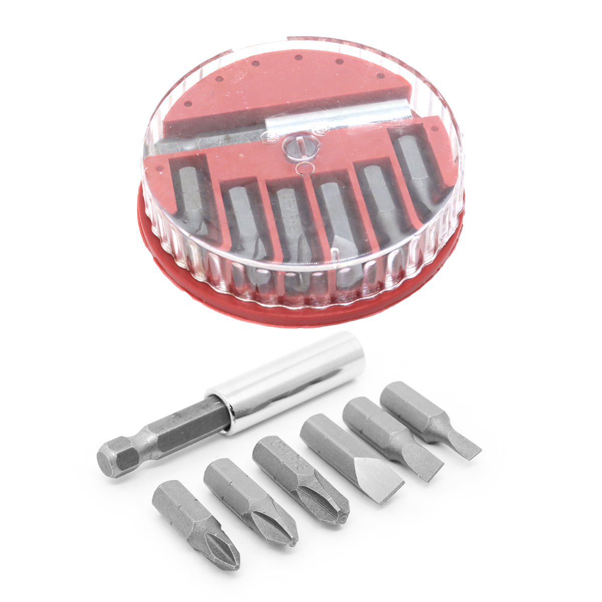 Jogo de Bits Adaptador Magnético Tradestar 7 Peças - Jogo de bits de aço carbono com 3 bits fenda, 3 bits Phillips e 1 adaptador magnético para parafusadeiras. Ideal para diversas aplicações em parafusos.