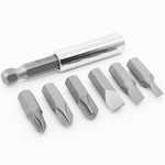 Jogo de Bits Adaptador Magnético Tradestar 7 Peças - Conjunto de bits de aço carbono com pontas Phillips, fenda e adaptador para parafusadeiras, ideal para diversas aplicações em ferramentas e construção.