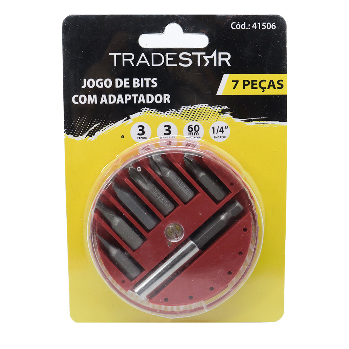 Jogo de Bits Adaptador Magnético Tradestar 7 Peças - Kit completo com 3 bits fenda, 3 bits Phillips e 1 adaptador de 60mm, ideal para parafusadeiras. Ferramenta de aço carbono de alta qualidade, durável e resistente. Encaixe 1/4". Perfeito para diversas aplicações em parafusos.