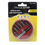 Jogo de Bits Adaptador Magnético Tradestar 7 Peças - Kit completo com 3 bits fenda, 3 bits Phillips e 1 adaptador de 60mm, ideal para parafusadeiras. Ferramenta de aço carbono de alta qualidade, durável e resistente. Encaixe 1/4". Perfeito para diversas aplicações em parafusos.
