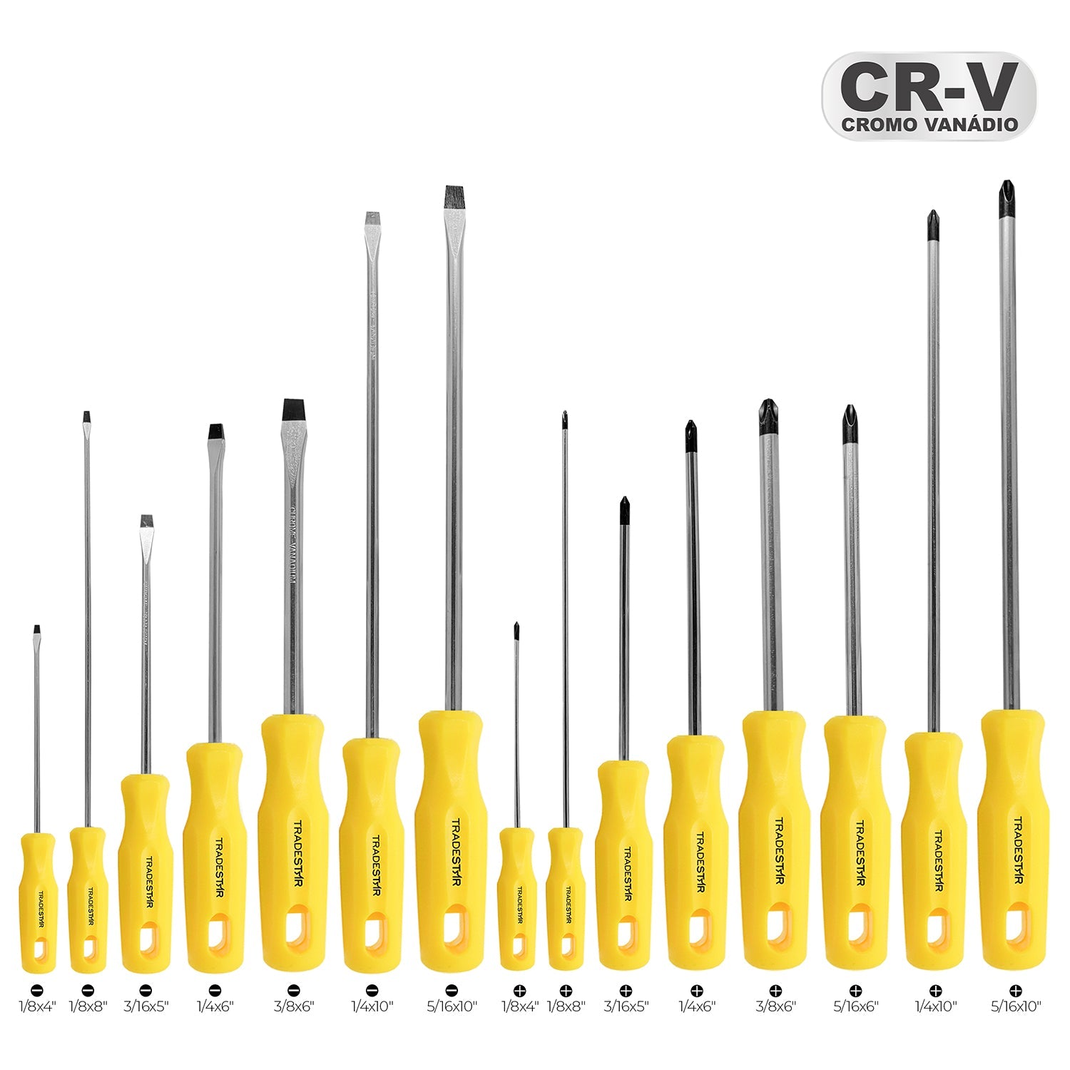 Kit Jogo de Chave de Fenda Phillips Tradestar com 15 peças magnéticas, fabricadas em aço cromo vanádio, com cabos ergonômicos amarelos. Inclui chaves de fenda de fenda e Phillips de diversos tamanhos, ideal para trabalhos de precisão e manutenção.