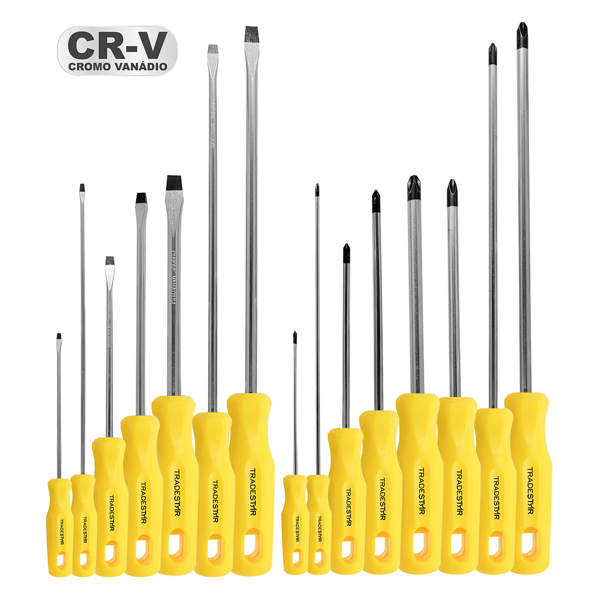 Kit Jogo de Chave de Fenda Phillips Tradestar 15 Peças Magnética em aço cromo vanádio, com cabos ergonômicos amarelos. Ferramentas manuais para uso profissional e doméstico, ideal para reparos e montagens. Inclui chaves de fenda de fenda e phillips de diversos tamanhos.