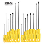 Kit Jogo de Chave de Fenda Phillips Tradestar 15 Peças Magnética em aço cromo vanádio, com cabos ergonômicos amarelos. Ferramentas manuais para uso profissional e doméstico, ideal para reparos e montagens. Inclui chaves de fenda de fenda e phillips de diversos tamanhos.
