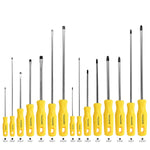 Kit Jogo Chave De Fenda Phillips Tradestar 15 Pçs Magnética, com diversas chaves de fenda Phillips e Fenda, com cabos amarelos e pontas magnéticas, ideal para uso profissional e doméstico. Inclui chaves de diferentes tamanhos e formatos, fabricadas em aço cromo vanádio para maior durabilidade e precisão.