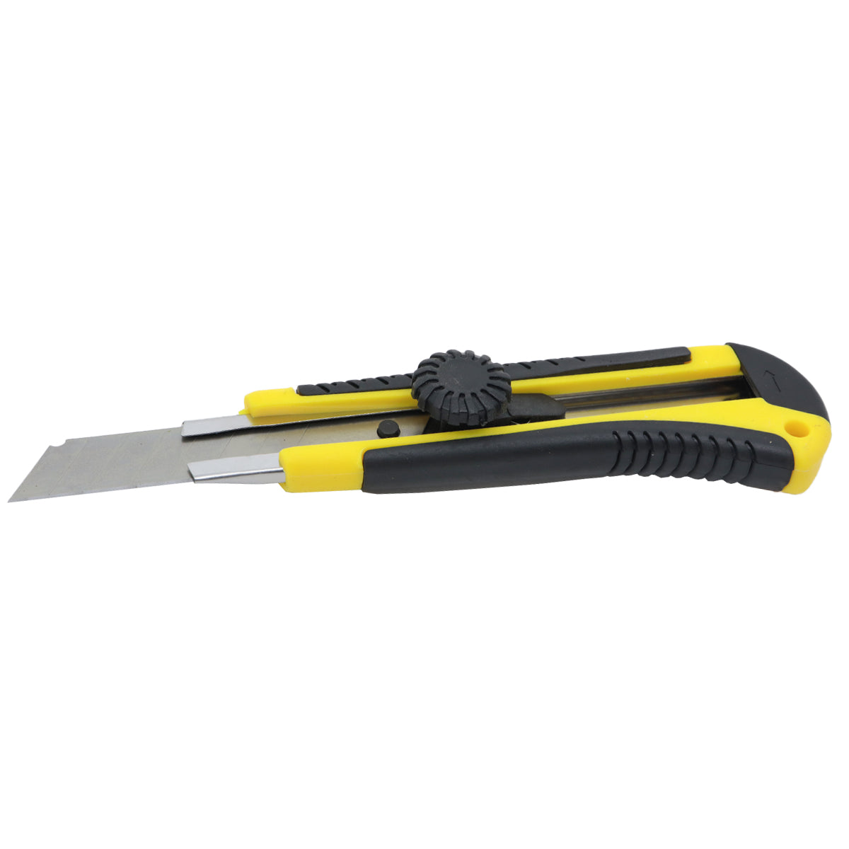 Estilete Profissional 18mm Tradestar com cabo emborrachado e trava, ideal para cortes precisos em diversos materiais. Ferramenta de alta qualidade para artesãos e profissionais. Estilete amarelo e preto com lâmina de aço.