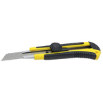 Estilete Profissional 18mm Tradestar com cabo emborrachado e trava, ideal para cortes precisos em diversos materiais. Ferramenta de alta qualidade para artesãos e profissionais. Estilete amarelo e preto com lâmina de aço.