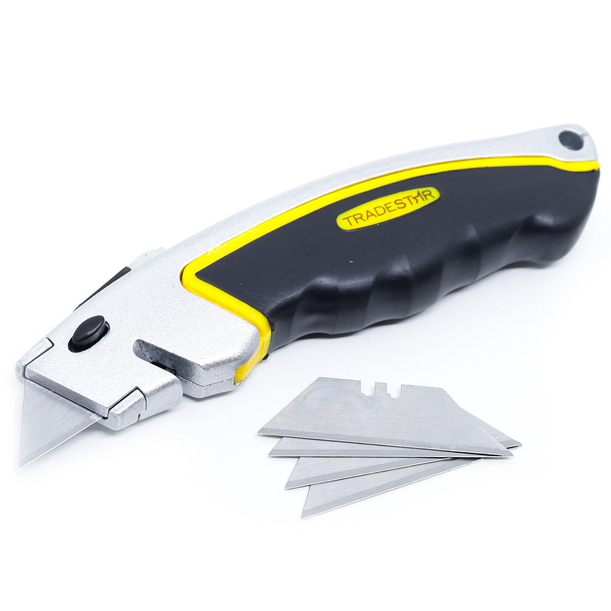 Estilete Faca Pro Corte Metal Tradestar com 5 lâminas trapezoidais de 18mm, ideal para cortes precisos em diversos materiais. Possui corpo em metal resistente, empunhadura emborrachada, trava de segurança e compartimento para lâminas extras.