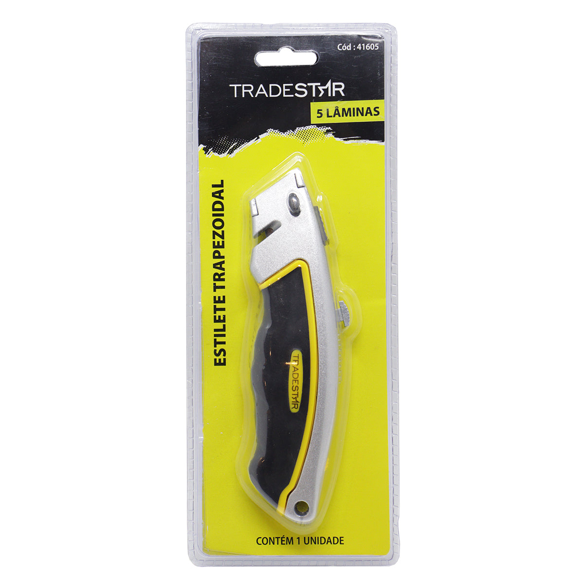Estilete Faca Pro Corte Metal Tradestar com 5 lâminas trapezoidais de 18mm, ideal para cortes precisos em diversos materiais. Ferramenta profissional com corpo em metal resistente, empunhadura emborrachada, trava de segurança e compartimento para lâminas extras.