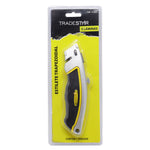 Estilete Faca Pro Corte Metal Tradestar com 5 lâminas trapezoidais de 18mm, ideal para cortes precisos em diversos materiais. Ferramenta profissional com corpo em metal resistente, empunhadura emborrachada, trava de segurança e compartimento para lâminas extras.