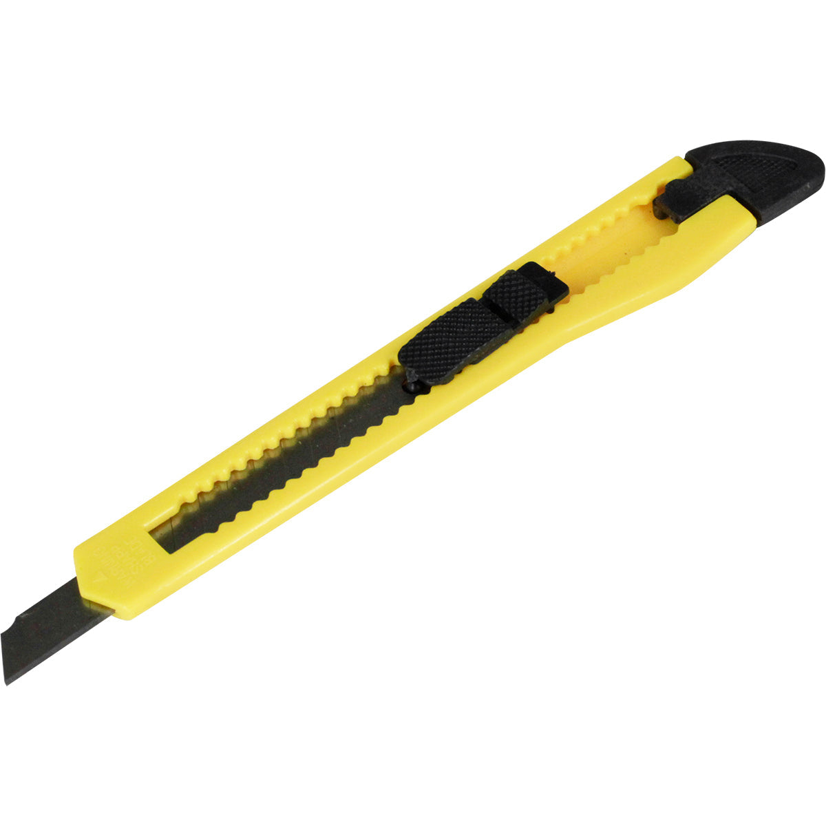 Estilete Slim Plástico Trava Segurança Lâmina 9MM Tradestar - Estilete amarelo com lâmina preta retrátil, ideal para cortes precisos em diversos materiais. Possui trava de segurança e design ergonômico.