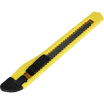 Estilete Slim Plástico Trava Segurança Lâmina 9MM Tradestar - Estilete amarelo com lâmina preta, ideal para cortes precisos em diversos materiais. Ferramenta de corte Tradestar com trava de segurança e design ergonômico.