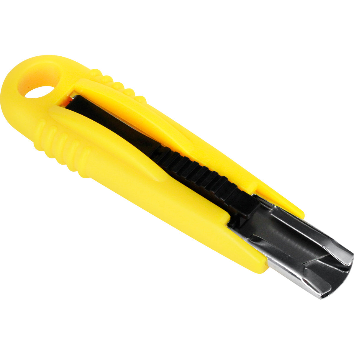 Estilete Auto Retrátil 14Cm Cabo Emborrachado Tradestar amarelo, ferramenta de corte com lâmina retrátil para uso profissional e doméstico. Ideal para cortar papel, papelão, tecidos e plásticos. Possui cabo ergonômico e mecanismo de segurança.