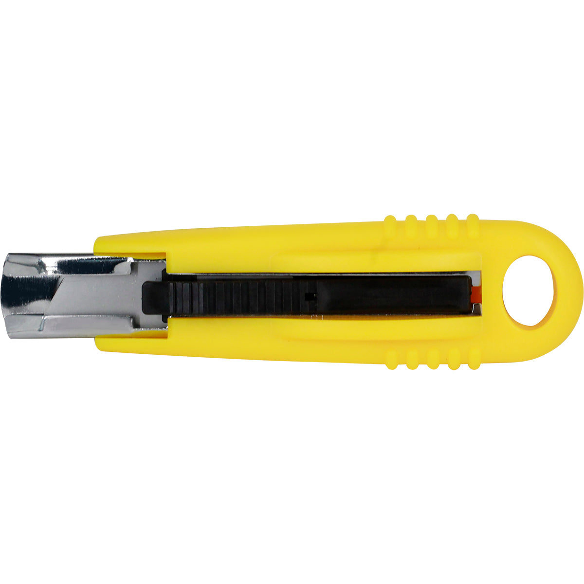 Estilete Auto Retrátil 14Cm Cabo Emborrachado Tradestar amarelo, ferramenta de corte com lâmina retrátil para uso profissional e doméstico. Ideal para cortar papel, papelão, tecidos e plásticos. Possui cabo ergonômico e furo para armazenamento.