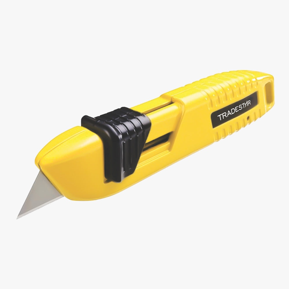 Estilete Automático Autorretrátil Trapezoidal 18MM Amarelo - Ferramenta de corte segura e versátil para uso profissional e doméstico, ideal para cortar papel, papelão, tecidos e plásticos. Possui lâmina de alta qualidade, mecanismo de segurança e design ergonômico.