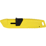 Estilete Automático Autorretrátil Trapezoidal 18MM amarelo com lâmina, ideal para cortar papel, papelão, tecidos e plásticos. Ferramenta profissional e doméstica com segurança, alta durabilidade e design ergonômico. Compre na JJC Ferramentas com garantia e envio imediato.