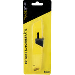 Estilete automático autorretrátil trapezoidal 18mm Trade Star em embalagem amarela. Ferramenta de corte profissional e doméstica, ideal para papel, papelão, tecidos e plásticos. Possui lâmina de alta qualidade, canal para fitilhos, alta durabilidade e mecanismo de segurança autorretrátil.