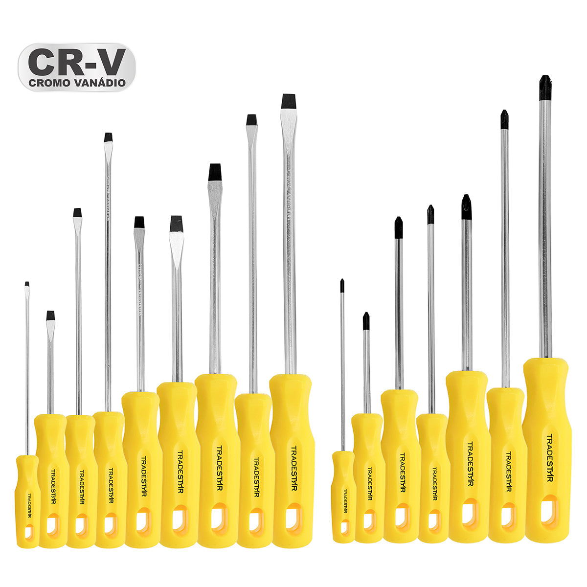 Kit Jogo de Chave de Fenda Phillips Tradestar 16 Peças Magnética em aço cromo vanádio com cabos ergonômicos amarelos. Conjunto completo de chaves de fenda e phillips para diversas aplicações, ideal para profissionais e entusiastas de bricolagem.
