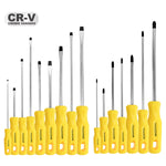 Kit Jogo de Chave de Fenda Phillips Tradestar 16 Peças Magnética em aço cromo vanádio com cabos ergonômicos amarelos. Conjunto completo de chaves de fenda e phillips para diversas aplicações, ideal para profissionais e entusiastas de bricolagem.
