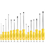 Kit Jogo de Chave de Fenda Phillips Tradestar com 16 peças magnéticas, incluindo chaves de fenda de fenda e Phillips de diversos tamanhos, com cabos ergonômicos amarelos e pontas de aço cromo vanádio. Ideal para uso em manutenção, montagem e reparos.