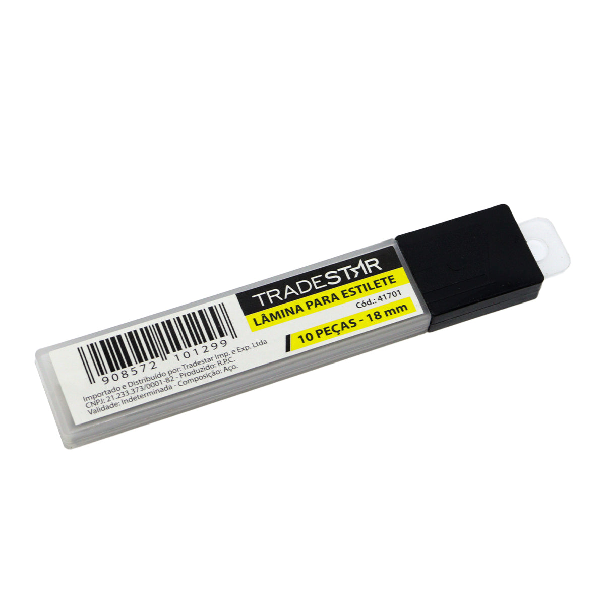 Jogo de Lâminas para Estilete 18mm Tradestar com 10 peças em aço carbono, ideal para cortes precisos em diversos materiais como papelão, drywall, plástico e couro. Lâminas de alta durabilidade e compatíveis com estiletes de 18mm.
