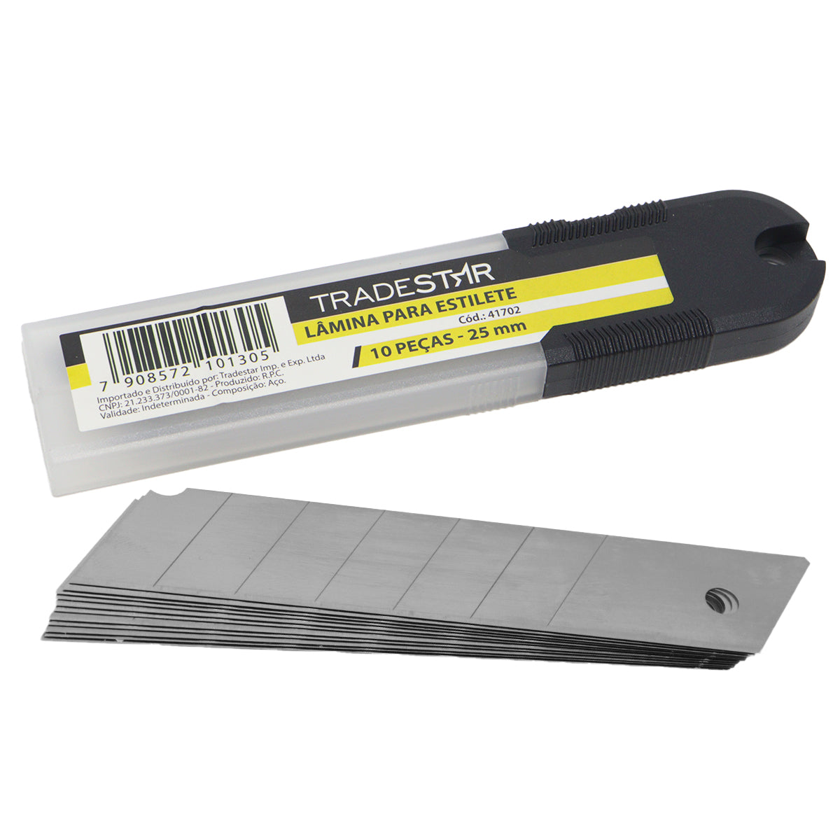 Jogo de lâminas para estilete 25mm Tradestar com 10 peças em aço carbono, ideal para cortes precisos em diversos materiais como papelão, drywall, plástico e couro. Lâminas largas e resistentes para uso profissional e doméstico.