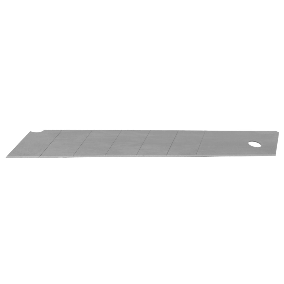 Lâmina de estilete 25mm Tradestar em aço carbono, mostrando detalhes da lâmina larga e retangular com divisões para corte, ideal para cortes precisos em diversos materiais como papelão, drywall e couro. Embalagem com 10 peças.