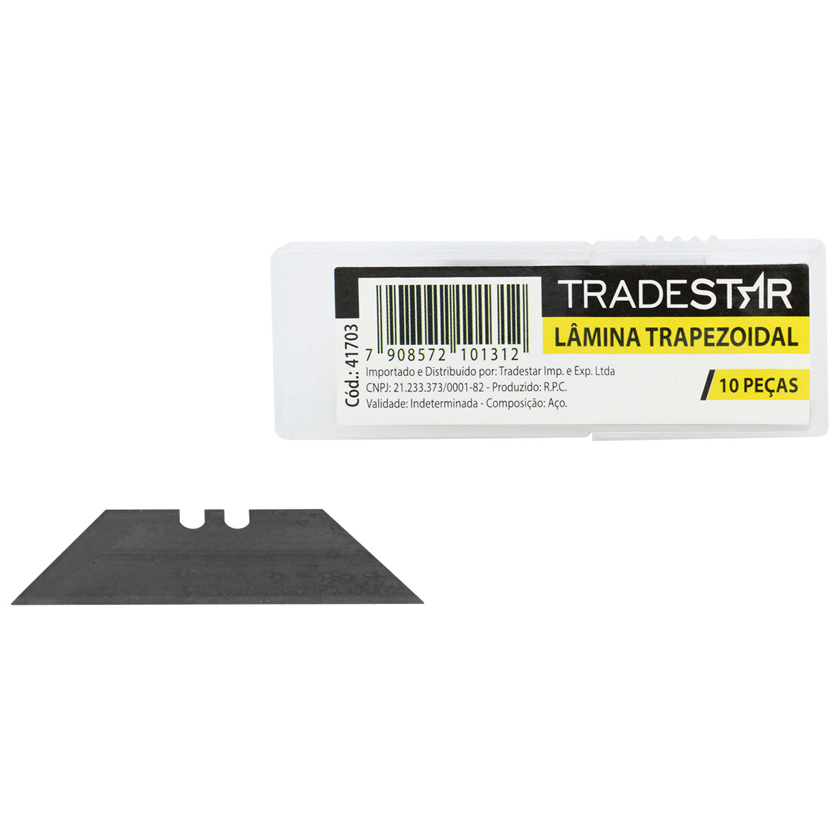 Lâmina de segurança trapezoidal bimetálica afiada 18mm Tradestar com 10 peças. Ideal para cortes precisos em diversos materiais como plástico, carpete, couro, madeira, tecidos e papel. Lâminas resistentes, não estilhaçam e compatíveis com estiletes trapezoidais.