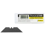 Lâmina de segurança trapezoidal bimetálica afiada 18mm Tradestar com 10 peças. Ideal para cortes precisos em diversos materiais como plástico, carpete, couro, madeira, tecidos e papel. Lâminas resistentes, não estilhaçam e compatíveis com estiletes trapezoidais.