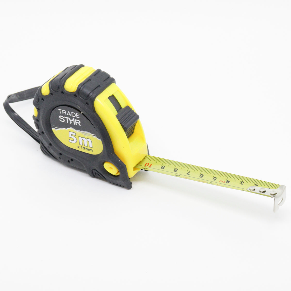 Trena profissional emborrachada Tradestar 5m x 19mm com 3 travas, fita de aço e corpo preto e amarelo. Ferramenta ideal para medições precisas em construção civil, marcenaria e projetos DIY.