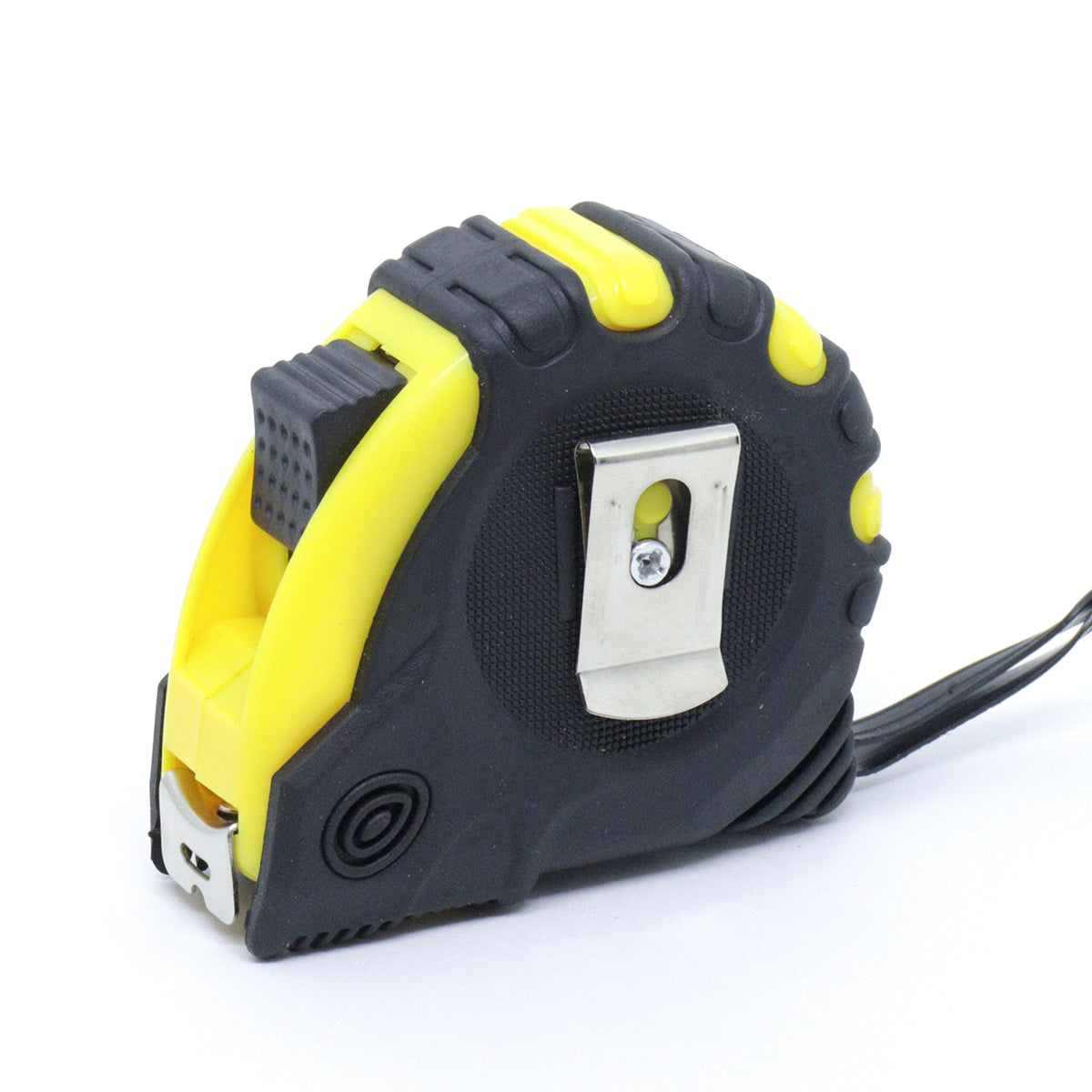 Trena profissional emborrachada Tradestar 5m x 19mm com 3 travas, fita de aço, corpo preto e detalhes em amarelo, presilha para cinto e alça de transporte. Ideal para medições precisas em construção civil, marcenaria e projetos DIY.