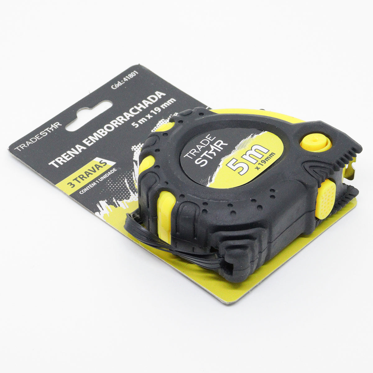 Trena profissional emborrachada Tradestar 5m x 19mm com 3 travas, fita de aço, ideal para medições precisas em construção civil, marcenaria e projetos DIY.