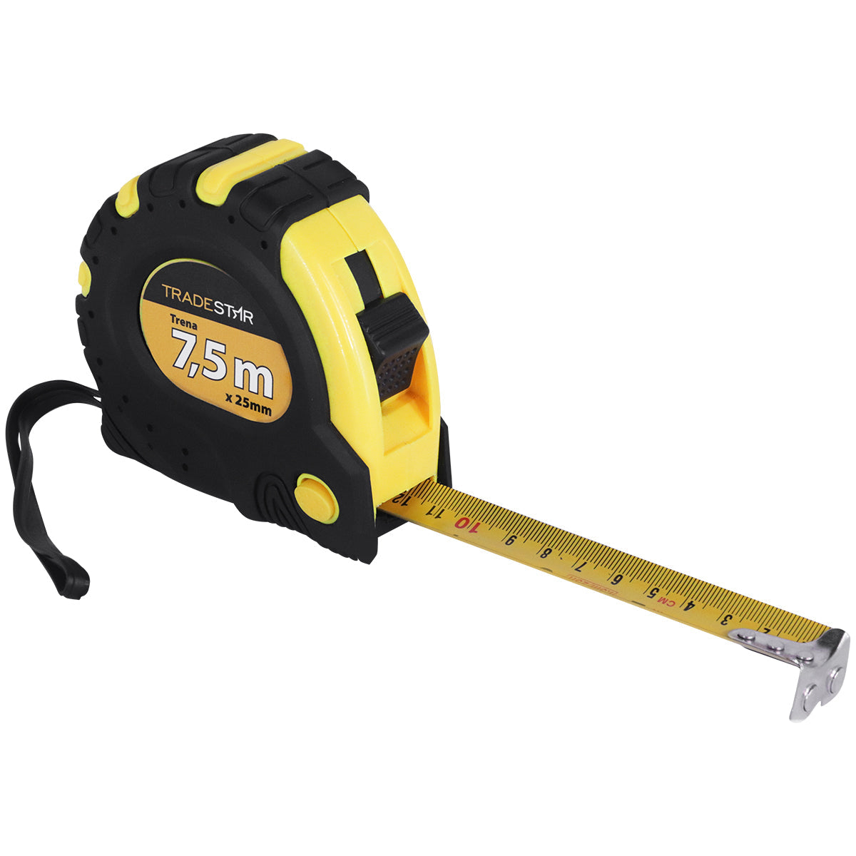 Trena métrica 7,5m x 25mm emborrachada Tradestar preta e amarela com 3 travas, ideal para medições precisas em construção civil, carpintaria e marcenaria. Ferramenta durável e resistente com presilha para cinto.