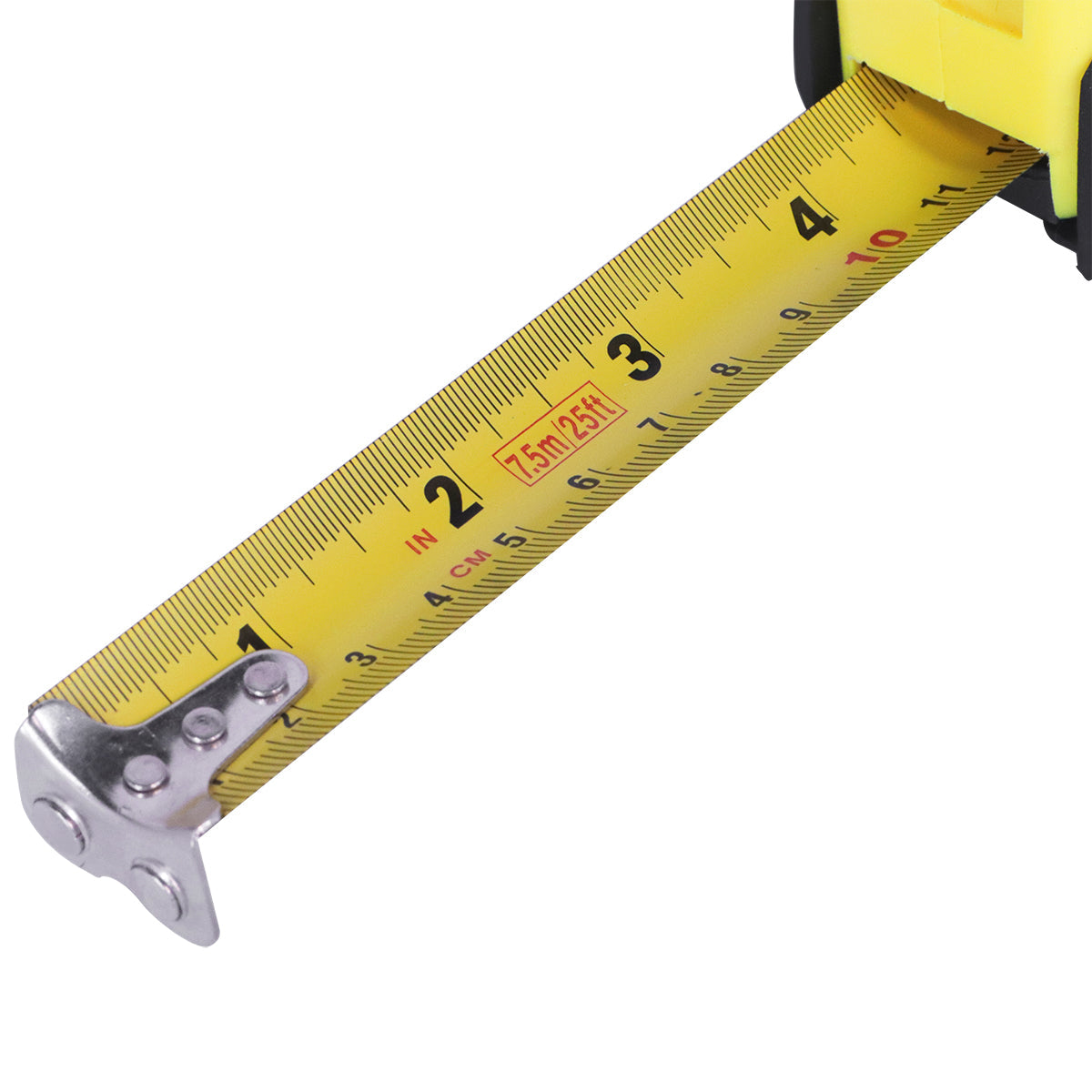 Trena métrica 7,5m x 25mm emborrachada Tradestar com fita amarela e marcações em preto, mostrando detalhes da medição em centímetros e polegadas. Ideal para construção e marcenaria, com 3 travas e presilha para cinto.